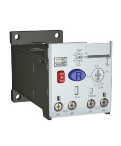 Industrial servo drive module with red power button, blue 'R' indicator, status/statusing lights, and wiring terminals on the front panel.