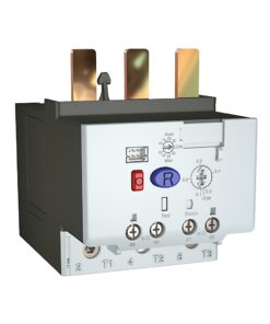 Industrial electrical contactor with three large copper terminals on top and a blue 'R' selector, used to switch mains circuits.