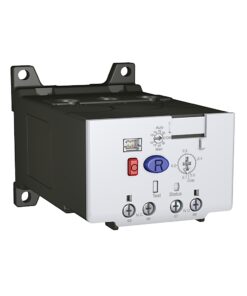 Front view of an industrial servo drive module with a red power switch, blue 'R' button, USB port, and terminal screws on the faceplate.
