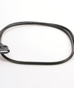 Black data cable with a rectangular drive connector on one end and exposed red, white, and blue wires on the other, looped on a white background.