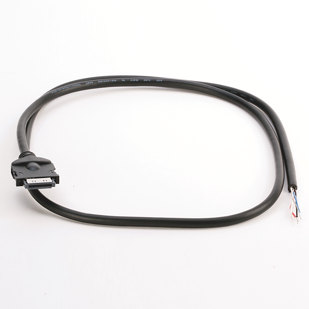 Black data cable with a rectangular drive connector on one end and exposed red, white, and blue wires on the other, looped on a white background.