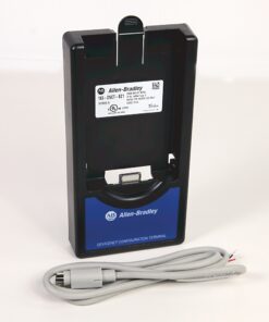 Allen-Bradley DeviceNet configuration terminal with gray serial cable attached.