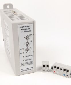 Allen-Bradley EtherNet/IP module with two plug‑in terminal blocks, used for industrial automation networking (DIN rail mount).
