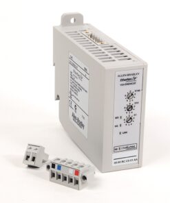 Industrial Allen-Bradley EtherNet/IP module with removable terminal blocks on a white background, used in automation panels