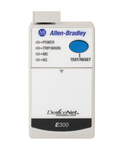 Handheld Allen-Bradley diagnostic device with a blue Test/Reset button and status indicators labeled POWER, TRIP/WARN, MS, NS, and DeviceNet E300 at the bottom