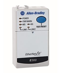 Allen-Bradley EtherNet/IP E300 module with status LEDs and a blue Test/Reset button.