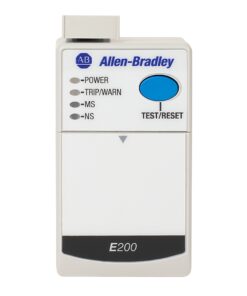 Front view of an Allen-Bradley E200 module with a blue Test/Reset button and four status LEDs labeled Power, Trip/Warn, MS, and NS