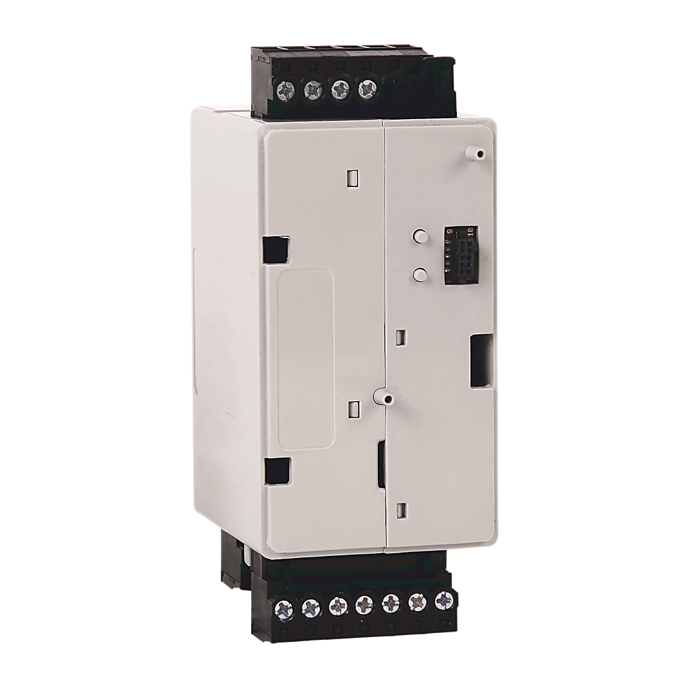 Industrial control module with white housing and terminal blocks top and bottom for wiring a automation circuit.