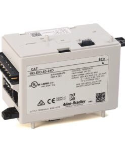 Allen-Bradley I/O control module with label CAT 193-EIO-63-24D, gray enclosure, and terminal blocks on the left.