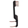 Black wall-mounted guitar hanger with copper-coated pins extending to hold a neck. This brass-colored peg rack is designed to suspend a guitar vertically by the neck (informative).