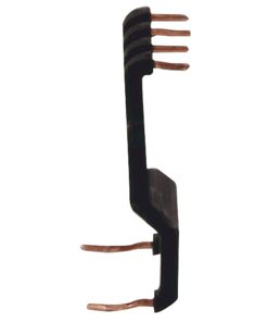 Black wall-mounted guitar hanger with copper-coated pins extending to hold a neck. This brass-colored peg rack is designed to suspend a guitar vertically by the neck (informative).