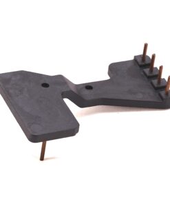 Black plastic mounting bracket with copper pins on one end and a single pin extending from the other side.
