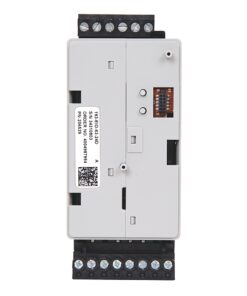 Programmable logic controller module with top and bottom terminal blocks and a small circuit board on the right, ready for wiring in an industrial control system.