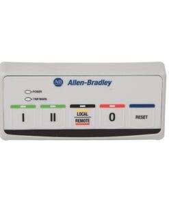 Allen-Bradley control panel with labeled status switches (green, black, red, blue) and Local/Remote indicator buttons.