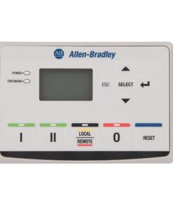 Allen-Bradley control panel with LCD display and arrow keys, featuring green, yellow, red, and blue function buttons labeled I, II, Local/Remote, 0, and Reset.