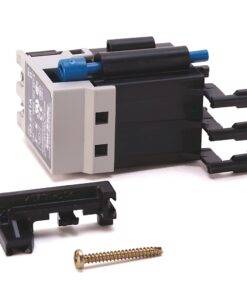 Modular electrical circuit breaker with mounting clip and screw fastener on a white background.