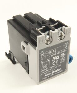 Allen-Bradley industrial relay module with gray front panel and two screw terminals labeled E1 and E2 on top side.