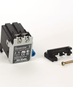 Allen-Bradley 193-ER124 motor contactor with E1/E2 terminal screws, gray front label, and accompanying mounting clip and screw on a white background.