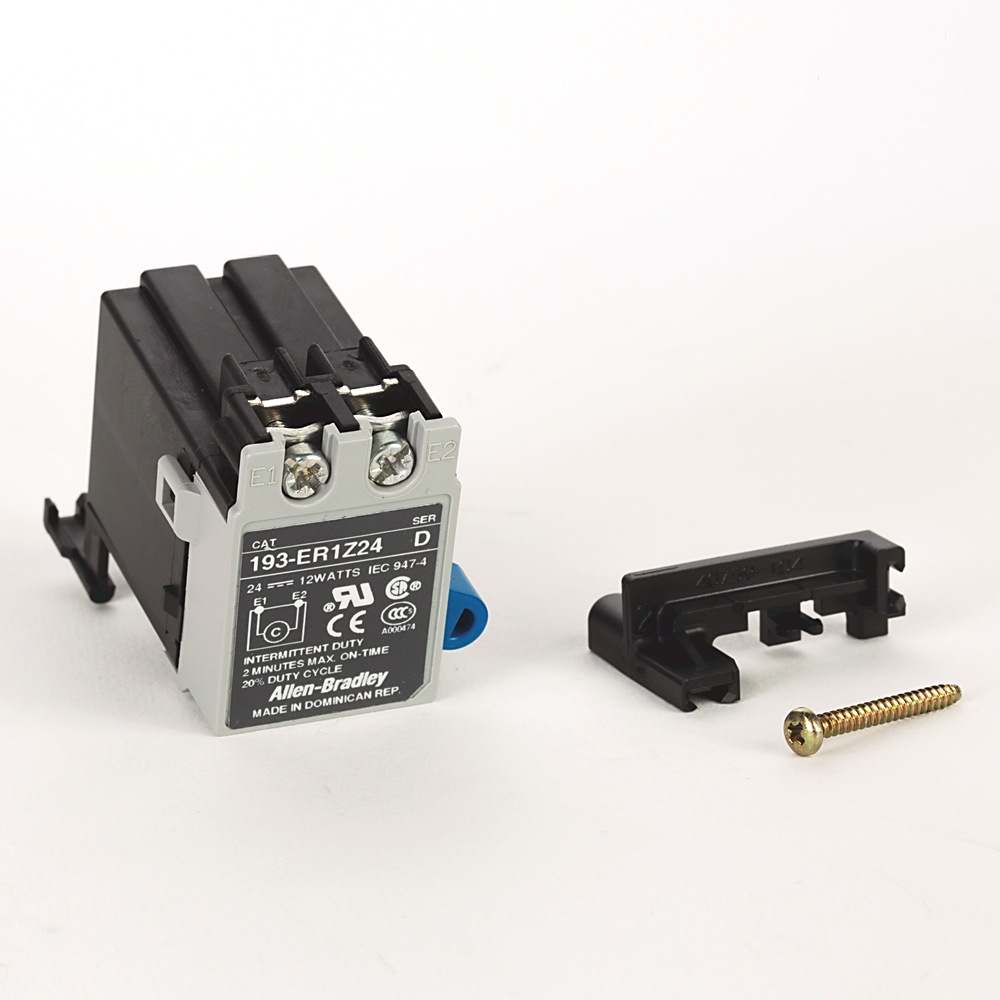 Allen-Bradley 193-ER124 motor contactor with E1/E2 terminal screws, gray front label, and accompanying mounting clip and screw on a white background.