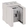 Grey industrial control module with its front doors open, revealing a multi-pin connector inside