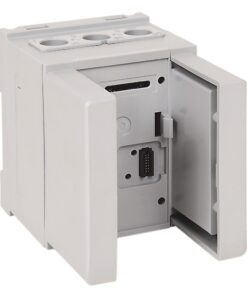 Grey industrial control module with its front doors open, revealing a multi-pin connector inside
