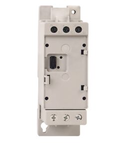 Back view of a compact electrical control module with a blueish-gray body, screw terminals at bottom, and a small multi-pin connector on the side.