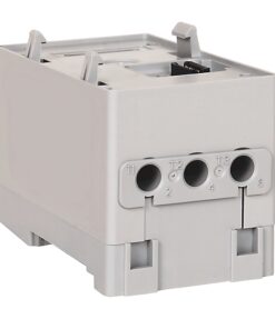 Three-terminal relay block with ports labeled T1, T2, T3 and numbered terminals 2 and 4 on the front panel