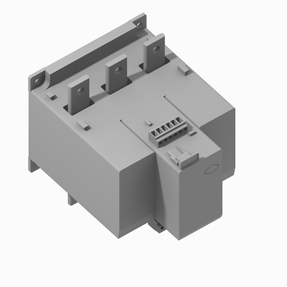 Gray industrial control module with four vertical terminal posts on top and a multi-pin connector on the side, used for wiring and control signals.