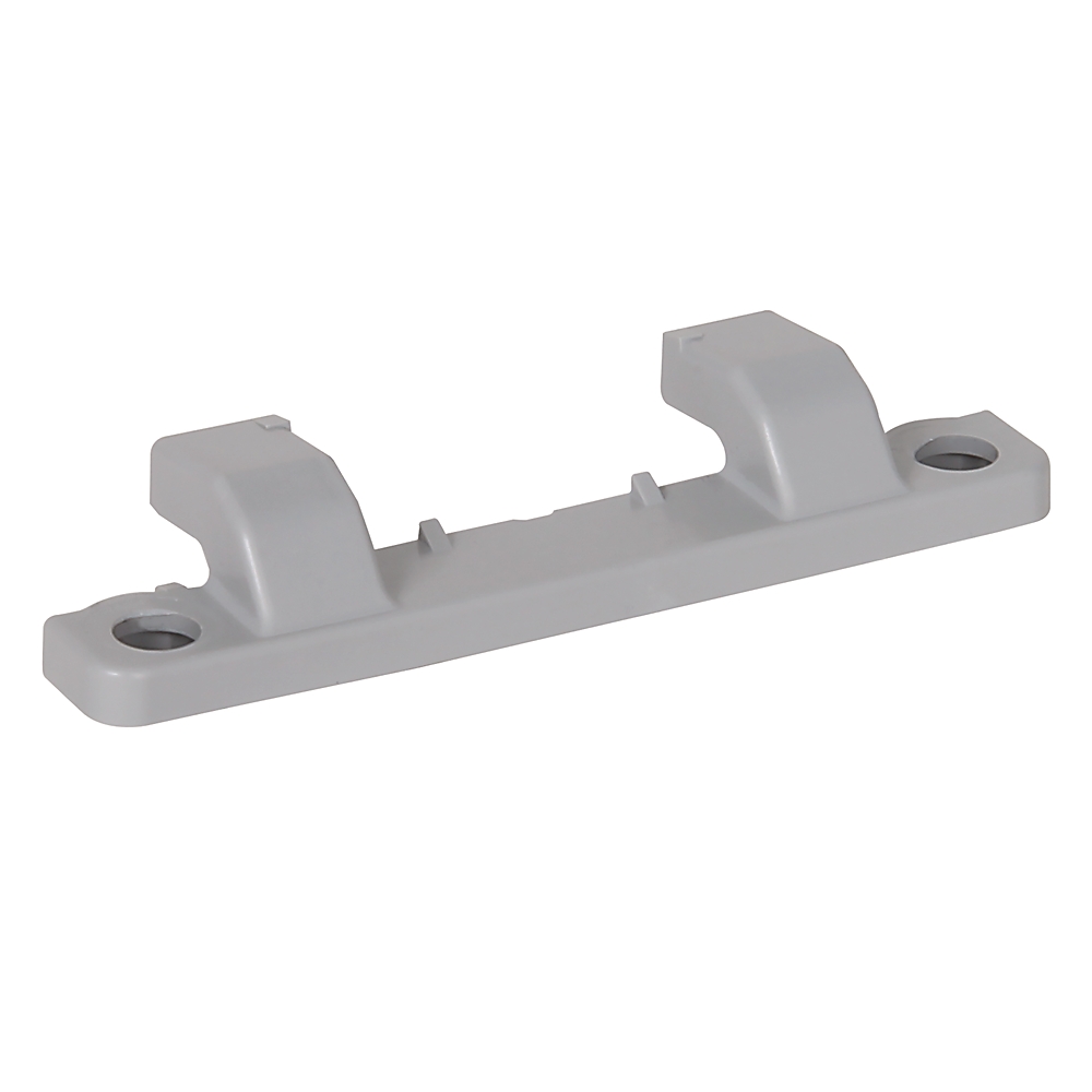 Light-gray plastic mounting bracket with two raised clip-like supports and circular holes at each end.