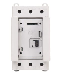 White industrial electrical breaker/module with side handles, top column labeled L1–L3, bottom terminals, and a central multi-pin connector