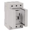 White modular electrical relay/terminal block with terminals labeled L1, L2, L3 on top and T1, T2, T3 on bottom; side access door open, exposing internal connector.