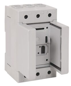 White modular electrical relay/terminal block with terminals labeled L1, L2, L3 on top and T1, T2, T3 on bottom; side access door open, exposing internal connector.