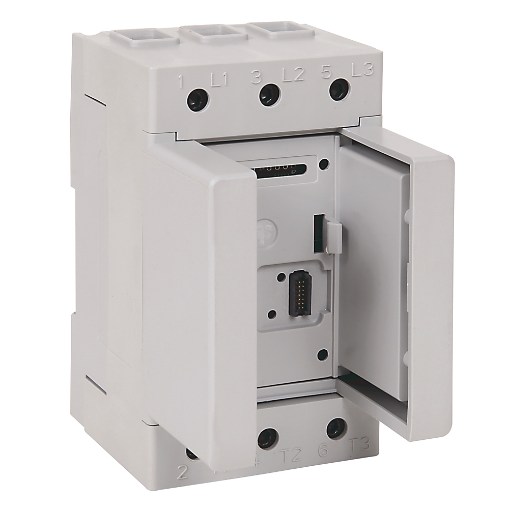 White modular electrical relay/terminal block with terminals labeled L1, L2, L3 on top and T1, T2, T3 on bottom; side access door open, exposing internal connector.