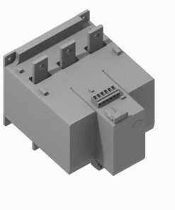 Industrial electrical module with multiple terminal blocks and a removable connector, shown in light gray CAD view.