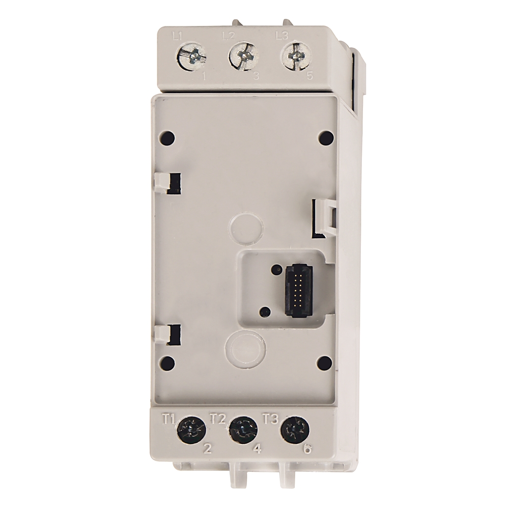 Back view of a compact electronic controller with L1, L2, L3 input screws at top and T1, T2, T3 output terminals at bottom.