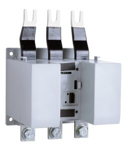 Three-pole electrical contactor/motor starter with three large top terminals and a white housing, viewed from the back.
