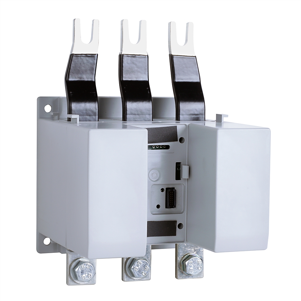 Three-pole electrical contactor/motor starter with three large top terminals and a white housing, viewed from the back.
