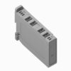 Isometric view of a gray multi-channel screw-terminal DIN rail I/O module with a mounting clip on the side.