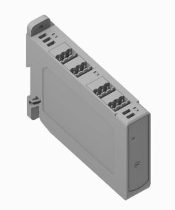 Isometric view of a gray multi-channel screw-terminal DIN rail I/O module with a mounting clip on the side.