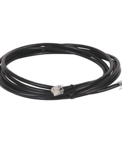 Coiled black Ethernet patch cable with clear RJ45 connectors at both ends.