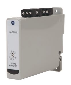 Beige industrial timer relay with front status LED and dial, used to control inputs and outputs in control circuits. Top shows terminal blocks for wiring.