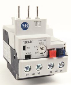 Compact industrial relay with AB branding, showing terminal screws labeled 97, NO 98, 95, NC 96 on the bottom edge and 193-K Dial on the front panel for slight adjustments.
