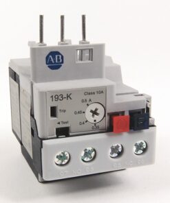Electrical relay module with four screw terminals and a white front panel, labeled 193-K Class 10A, showing trip/test switches and a round adjustment knob.