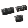 Three black PCB terminal blocks with screw terminals and labeled positions (A1, A2, IN1–IN3, R04, R03, A1) for wiring connections