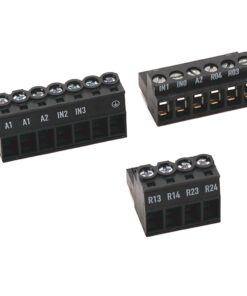 Three black PCB terminal blocks with screw terminals and labeled positions (A1, A2, IN1–IN3, R04, R03, A1) for wiring connections