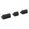 Three black PCB terminal blocks of increasing size, arranged in a row for wire connections to a circuit board.