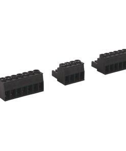 Three black PCB terminal blocks of increasing size, arranged in a row for wire connections to a circuit board.