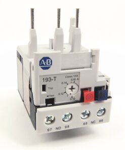 Miniature relay with screw terminals labeled 97 NO 98 and 95 NC 96, red and blue indicator buttons, white housing.