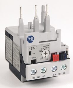 Allen-Bradley 193-T industrial contactor with terminal screws and red/blue actuators (front view).