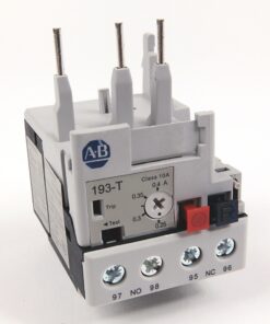 AB-brand industrial relay with four screw terminals on a white front plate labeled 97 NO 98 95 NC 96 and a small adjustment dial, for controlling circuits in a panel.